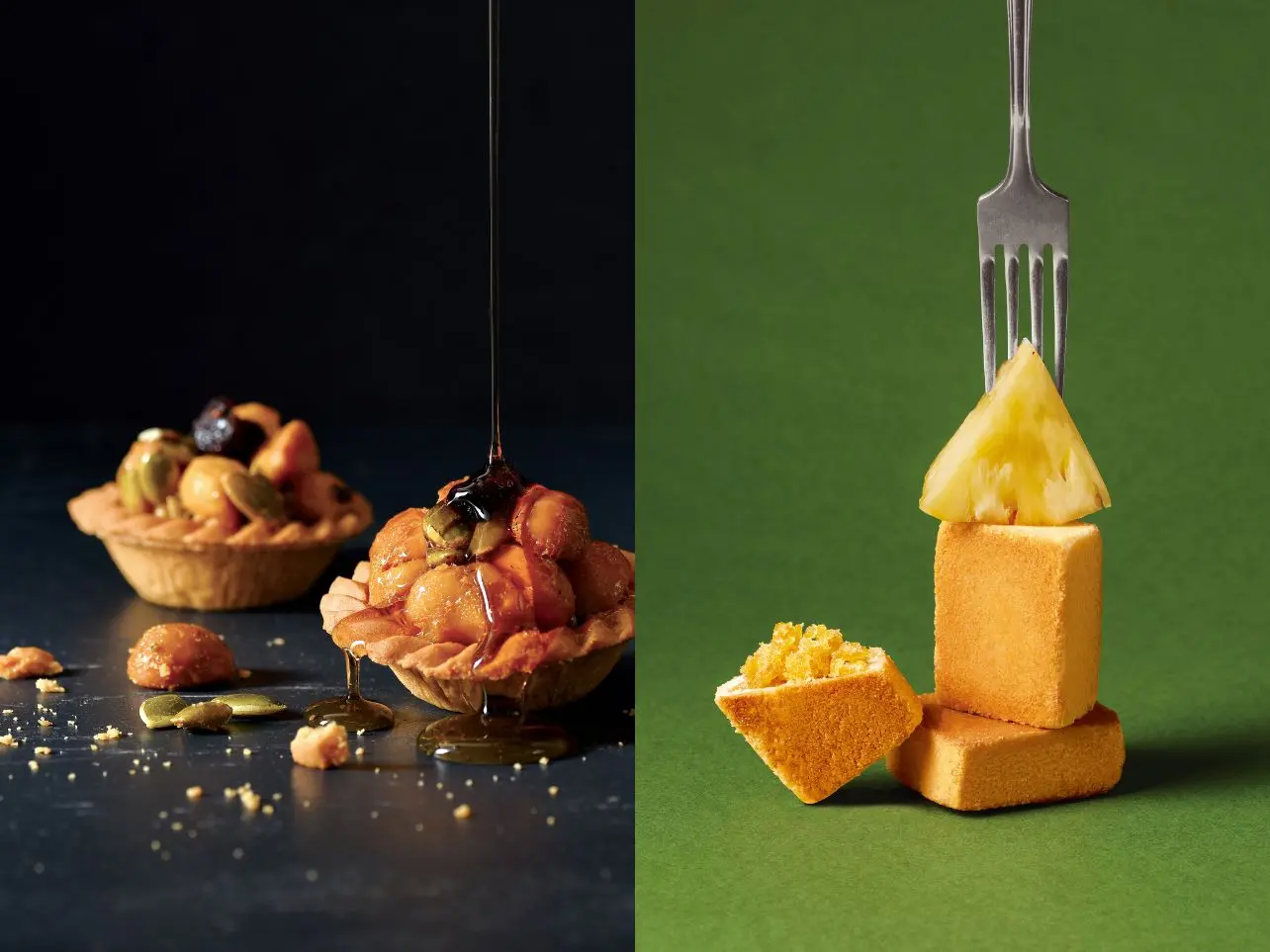 圖6 夏威夷豆豆塔左焦香的塔皮搭配夏威夷豆、飽滿南瓜子和蔓越莓，酥脆中帶有豐富層次；鳳梨酥右酥鬆外皮與層次分明不膩口的鳳梨內餡，完美交織出最平衡的鳳梨果酸與香氣